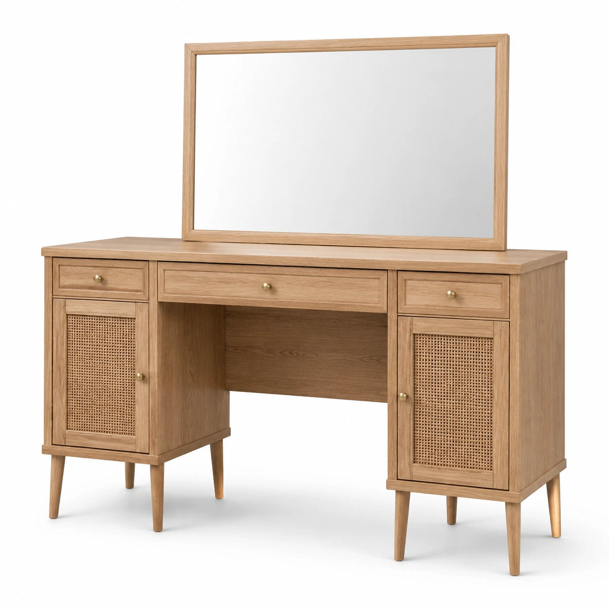 Tavolo Toeletta con Specchio in Legno e Rattan