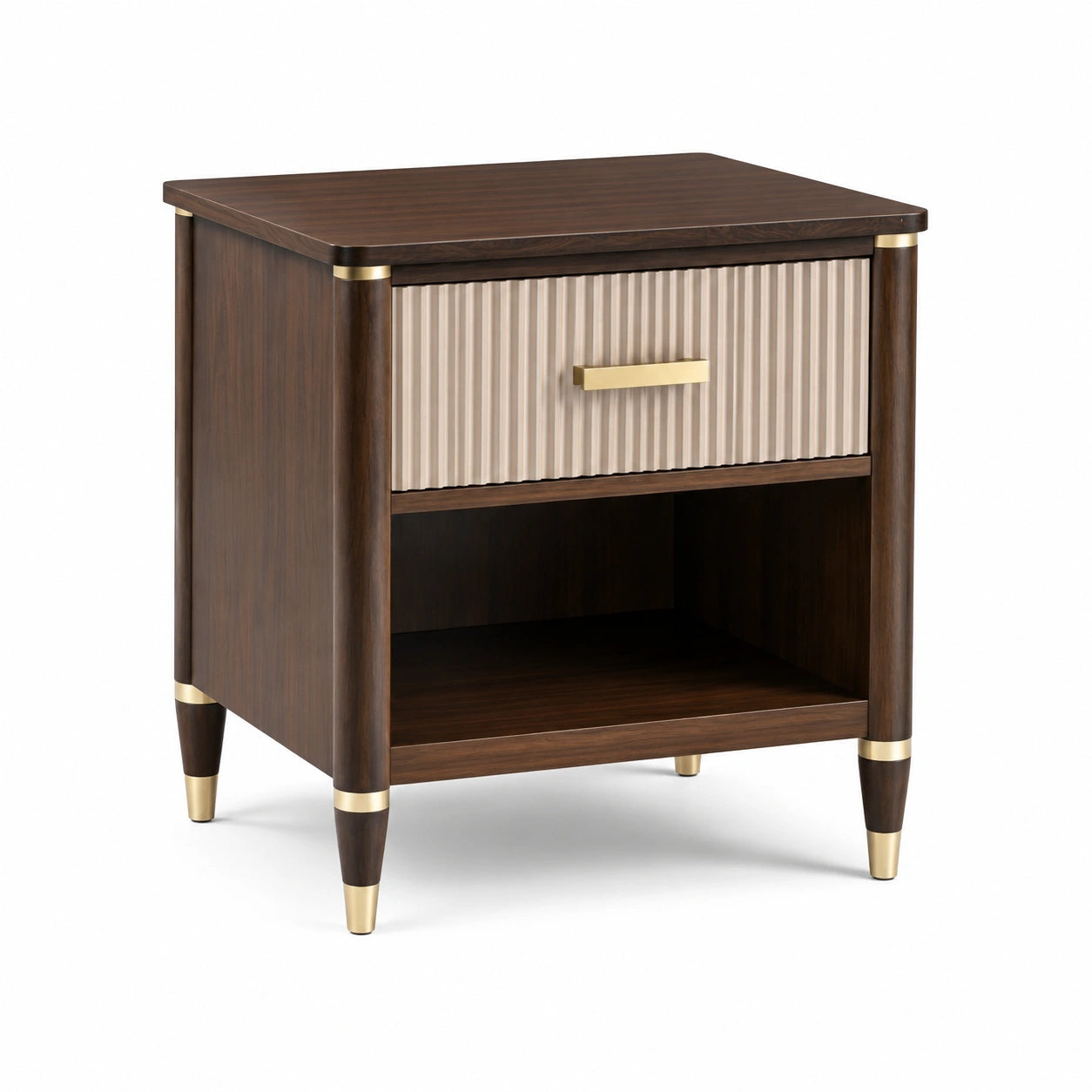 Comodino in legno e metallo con cassetto, marrone e beige