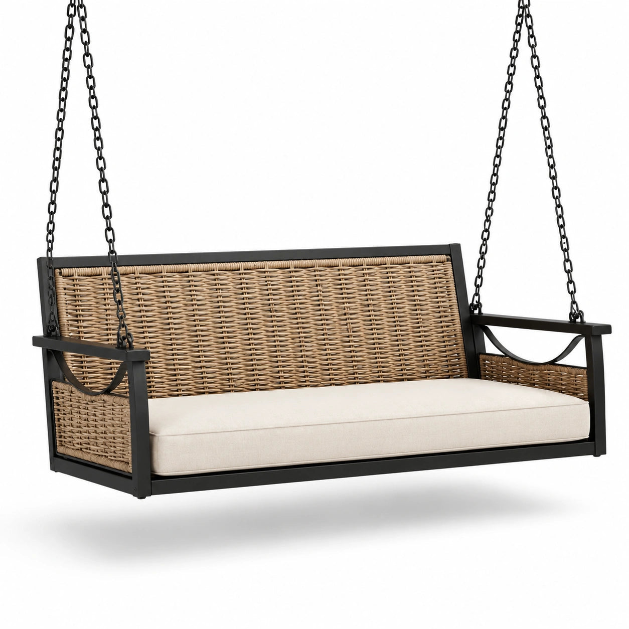 Panchina Oscillante in Rattan Sintetico con Struttura in Metallo e Cuscino Beige