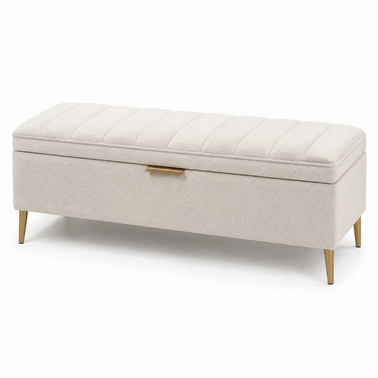 Panca contenitore in tessuto beige con gambe in metallo dorato